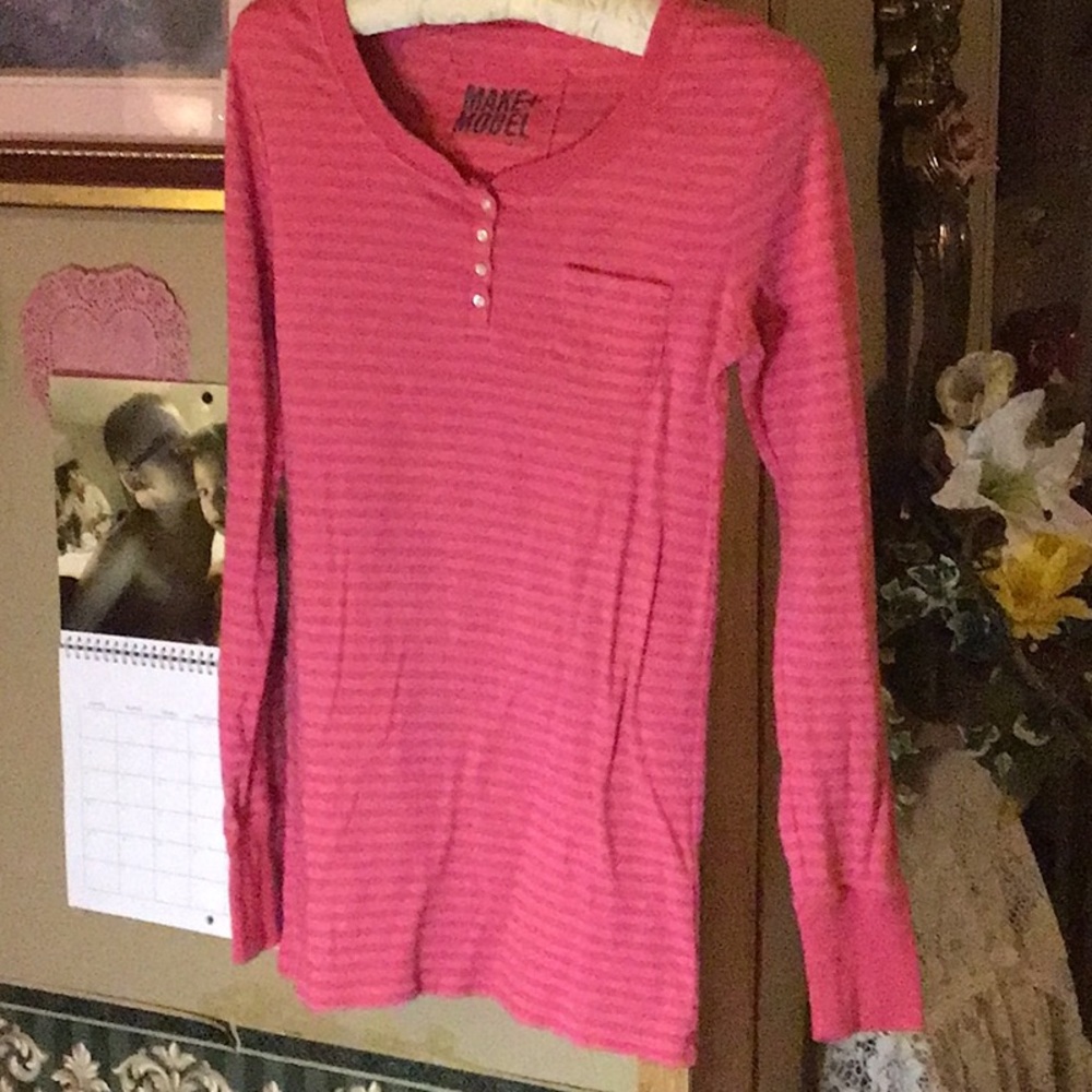 Pink Striped Long Sleeve Henley Top